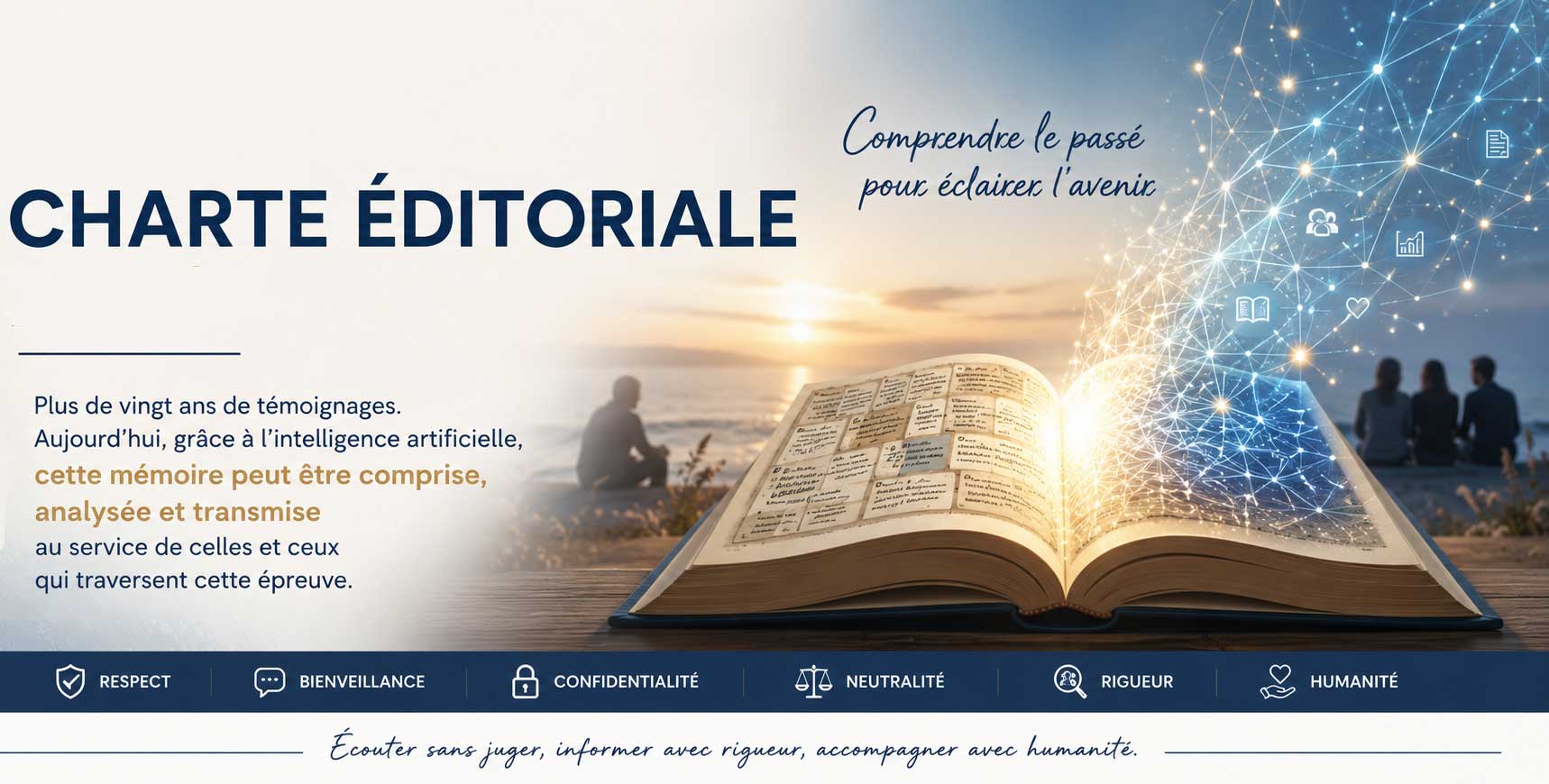 Charte éditoriale de SOS Cocu présentant les principes éditoriaux de l'association et l'utilisation responsable de l'intelligence artificielle au service des victimes d'infidélité.