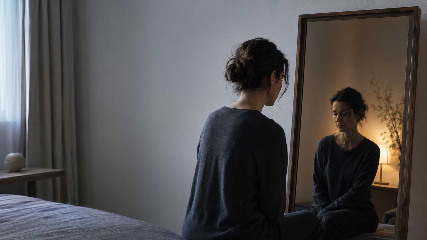 Personne confrontée à son reflet après une infidélité, entre honte, souffrance et perte d’estime de soi