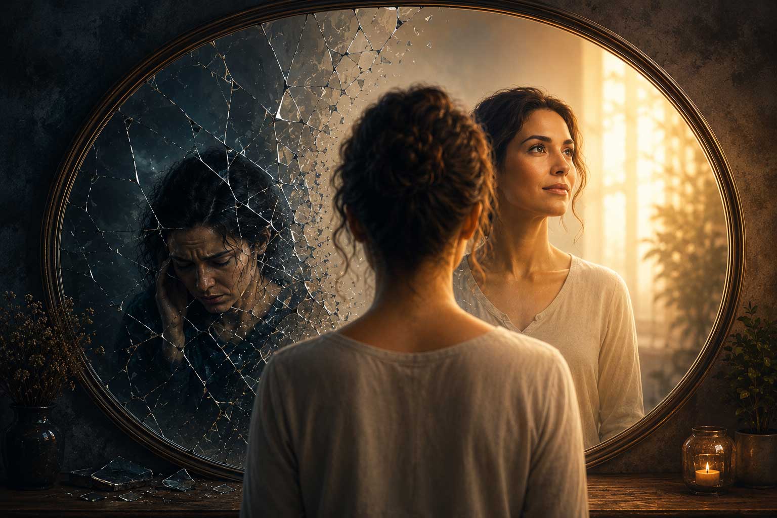 Miroir brisé symbolisant la reconstruction après une infidélité et le chemin vers la compréhension et la guérison émotionnelle.