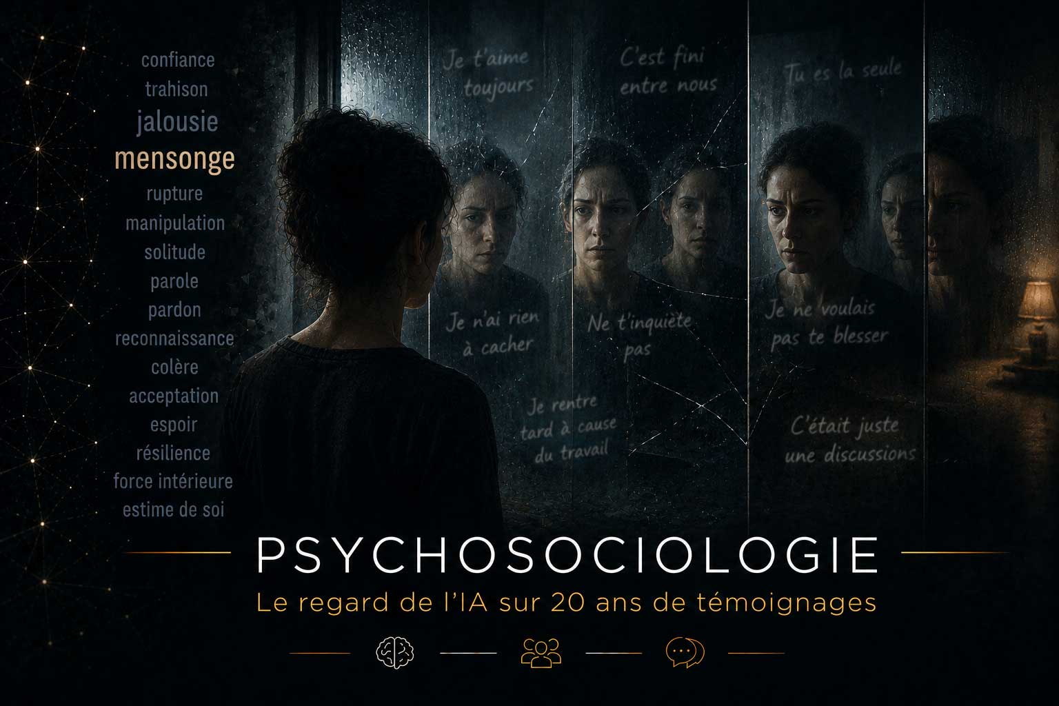 Une femme face à plusieurs reflets fragmentés dans une vitre, illustrant le mensonge, les contradictions et la perte de confiance analysés par l'IA à partir de vingt ans de témoignages.