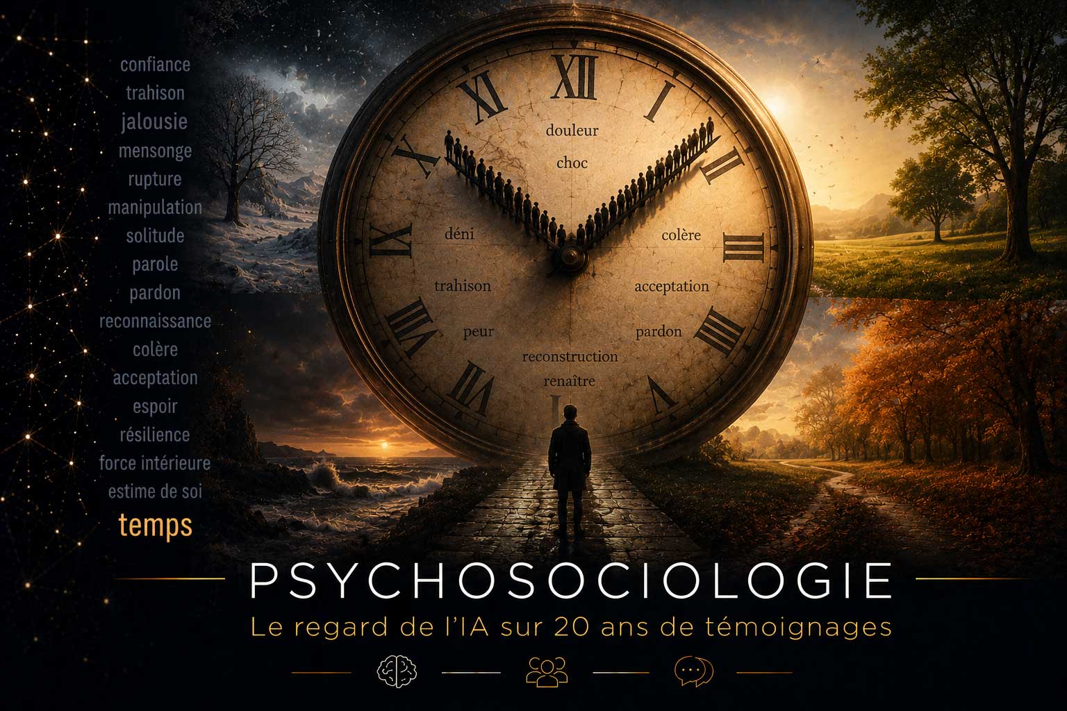 Une immense horloge traversée par les saisons symbolise le temps, l'évolution des émotions et la reconstruction après une infidélité, selon l'analyse de l'IA fondée sur vingt ans de témoignages.
