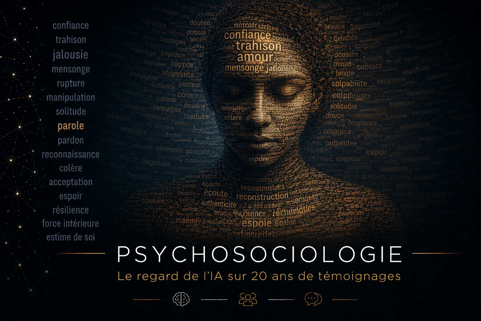 Un visage humain composé de milliers de mots représentant les émotions, les blessures et les mécanismes psychologiques liés à l'infidélité, analysés par l'IA à partir de vingt ans de témoignages.