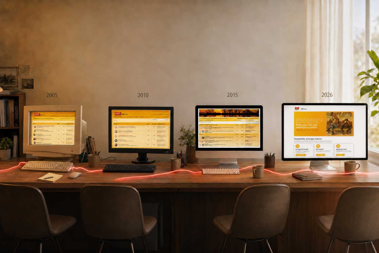 Évolution de SOS Cocu de 2005 à 2026, du premier forum phpBB au portail actuel