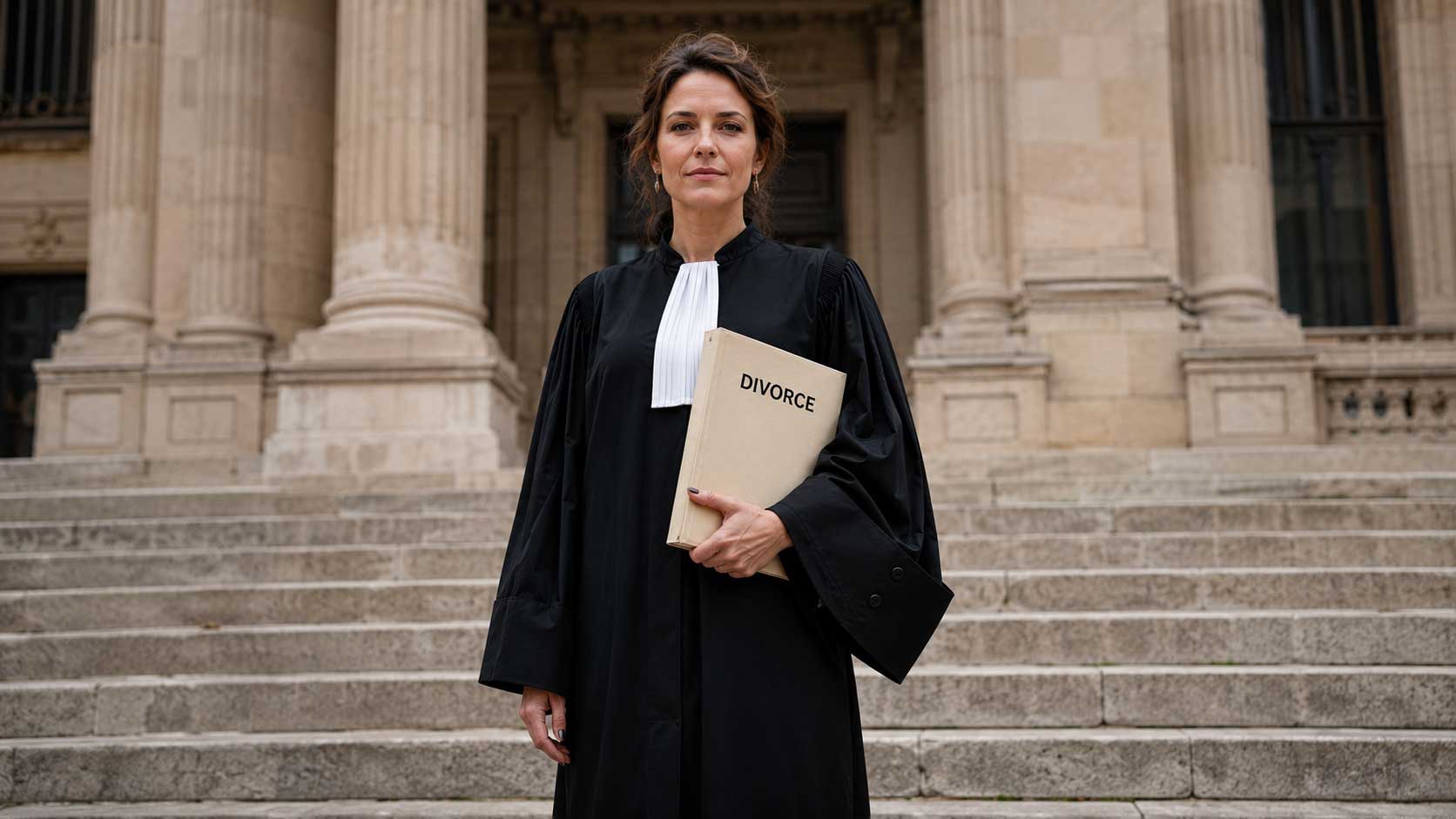 Avocat en robe tenant un dossier Divorce sur les marches d’un palais de justice